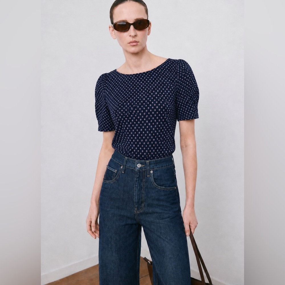 BANANA REPUBLIC - Navy Floral Print Blouse Satin | Minimalist Preppy Top